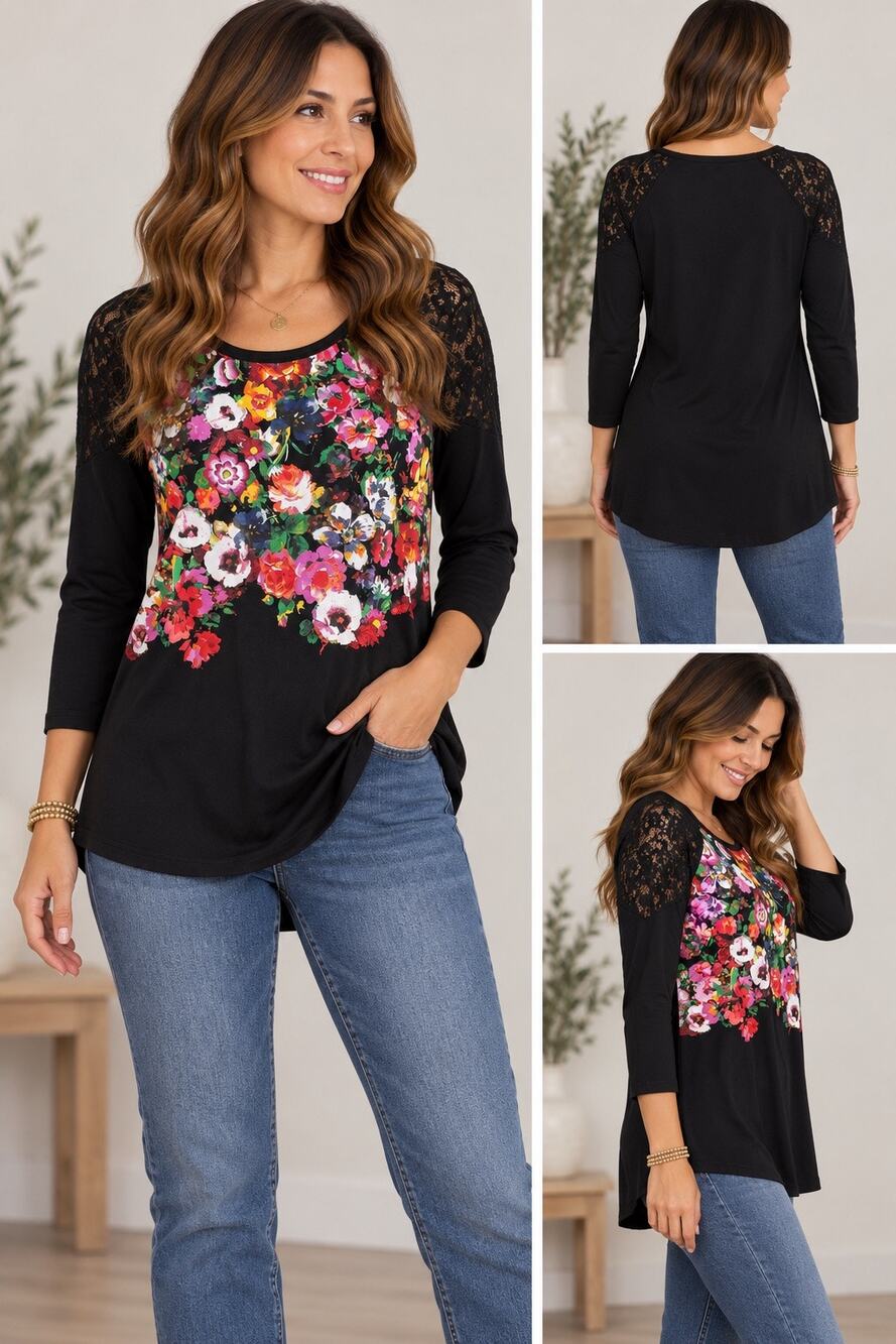 Roaman’s Black Watercolor Print Lace patch Top Size Medium 14/16